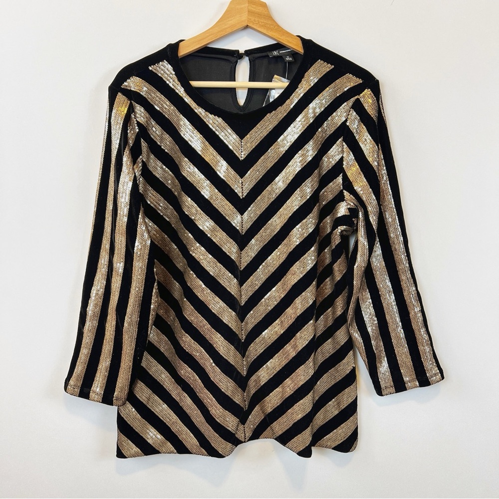 NWT INC Sequin Velvet Holiday Top 3/4 Sleeve Gold Black Shirt XL